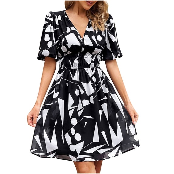 QUYUON Cocktail Dresses for Women Evening Party Knee Length Dresses Summer Casual Printed Puffy Short Sleeve V-Neck Beach Sundress Elastic Waist Pleated A-Line Wedding Dress Style D-3453 Black XL