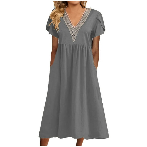 QUYUON Cocktail Dresses for Women Evening Party Midi Dress Summer Short Sleeve V-Neck Tunic Dresses with Pockets Loose Casual Pleated A-Line D233 Style Flowy Dress Beach Sundress, Gray XXL