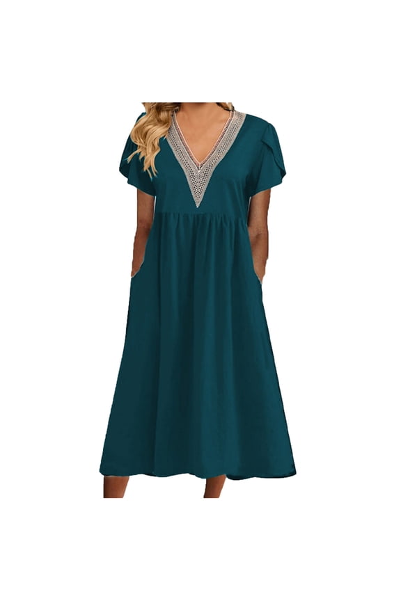 Cocktail Dresses for Women Evening Party Midi Dress Summer Short Sleeve V-Neck Tunic Dresses with Pockets Loose Casual Pleated A-Line D233 Style Flowy Dress Beach Sundress, Green L