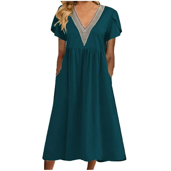 QUYUON Cocktail Dresses for Women Evening Party Midi Dress Summer Short Sleeve V-Neck Tunic Dresses with Pockets Loose Casual Pleated A-Line D233 Style Flowy Dress Beach Sundress, Green S