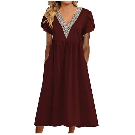 QUYUON Cocktail Dresses for Women Evening Party Midi Dress Summer Short Sleeve V-Neck Tunic Dresses with Pockets Loose Casual Pleated A-Line D233 Style Flowy Dress Beach Sundress, Wine M