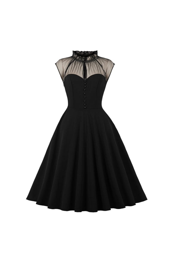 Cocktail Dresses for Women Evening Party Summer Mesh Ruffle Crew Neck Sleeveless A-Line Knee Length Dress Female Vintage Bridesmaid Cocktail Party Dress Style D-4555 Black L