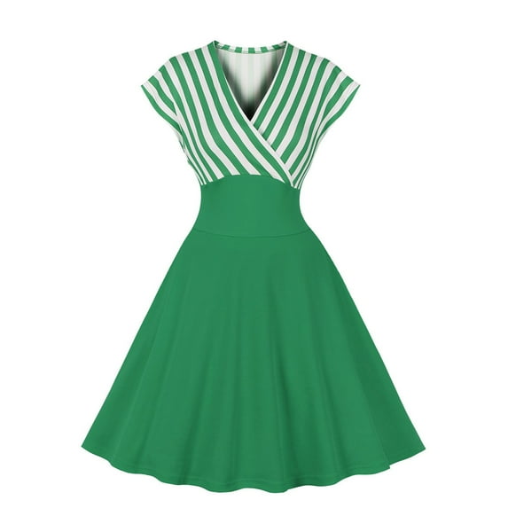 QUYUON Cocktail Dresses for Women Evening Party Vintage Wrap V-Neck Short Sleeve Striped Printed Knee Length Dress Pleated A-Line Wedding Guest Evening Dress Style D-6409 Green S