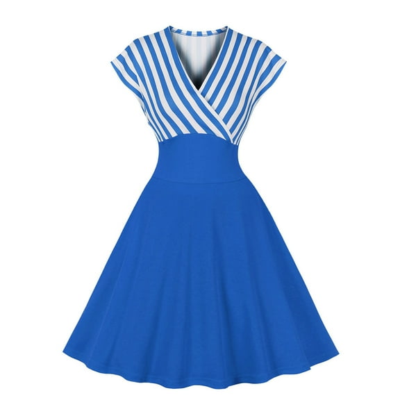 QUYUON Cocktail Dresses for Women Evening Party Vintage Wrap V-Neck Short Sleeve Striped Printed Knee Length Dress Pleated A-Line Wedding Guest Evening Dress Style D-6399 Blue S