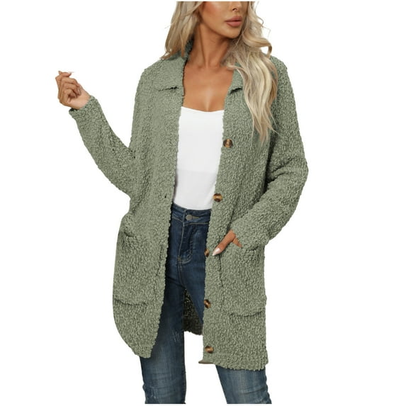 QUYUON Colorful Cardigans for Women Discount Long Sleeve Knitted Cardigans for Women Polyester Oversized Cardigan Pockets Cardigan Jacket Style Q-11896 Winter Knit Sweater Outerwear Coat Green S