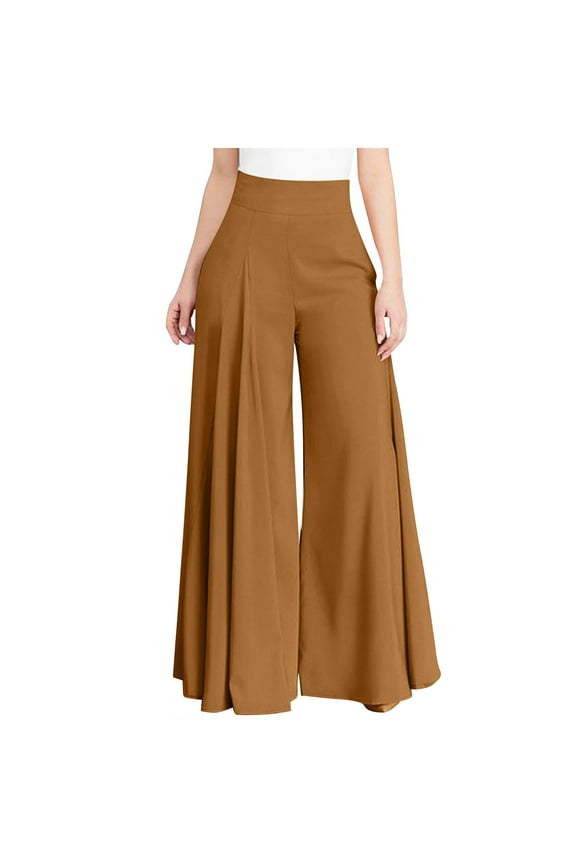 Comfy Pants for Women Loose Casual Solid Elegant High Waist Wide Leg Pants Trousers Bell Bottoms Trousers Zipper Pants Women Plus Size Pants Skinny Pant Style N-3069 Brown 3XL