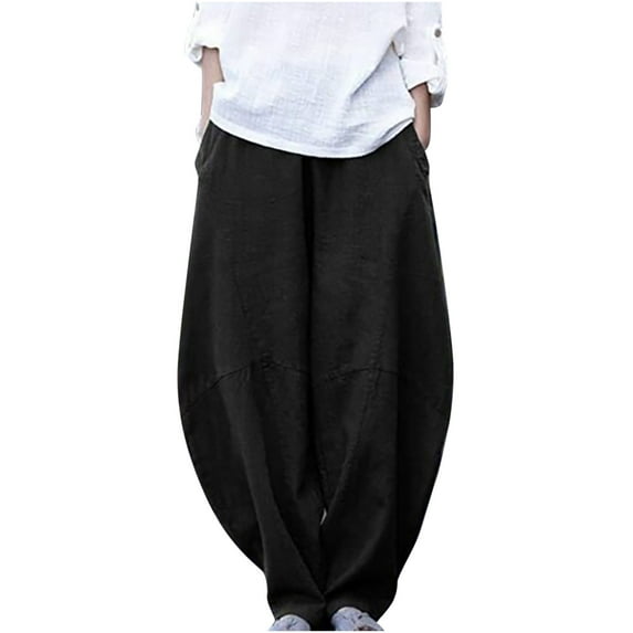 QUYUON Comfy Work Pants Women Casual Loose Pocket Pants Fashion Playsuit Trousers Overalls Cotton and Linen Pants Stretch Pants for Women Long Pant Leg Length Jegging Pant Style N-130 Black S