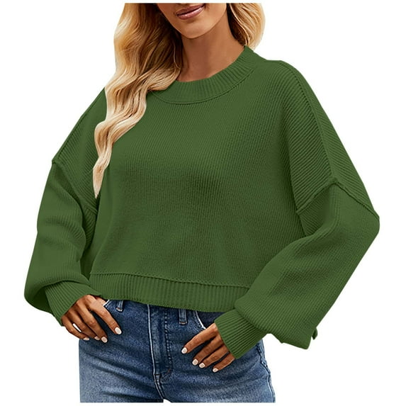 QUYUON Cotton Sweaters for Women Womens Cropped Sweaters Fall Winter Long Sleeve Crew Neck Cable Knit Sweaters Pullover Jumper Tops Soft Lightweight Crop Sweatshirts Army Green XL