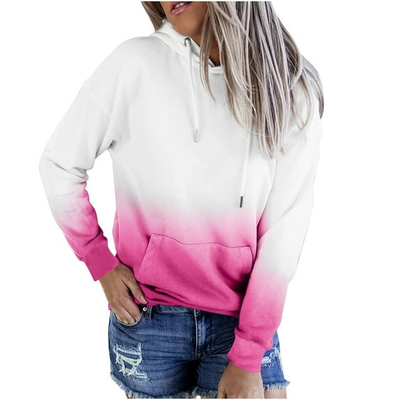 QUYUON Crewneck Sweatshirts Casual Hoodies Long Sleeve Gradient Color Lightweight Pullover Tops Loose Sweatshirt with Pocket Hot Pink XL