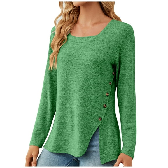 QUYUON Crewneck Sweatshirts Winter Cute Sweatshirts Polyester Long Sleeve Crew Neck Solid Tunic Tops Style S-2994 Stretch Sweatshirts Ladies Fitted Shirts Green XL