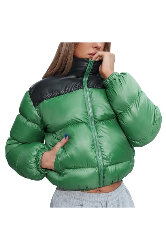 Cropped Down Coat Women Winter Thicken Warm Puffer Jackets Band Collar Long Sleeve Cuff Sleeve Short Length Padded Outerwear Coats with Pockets Full Zip Quilted Jackets Green M