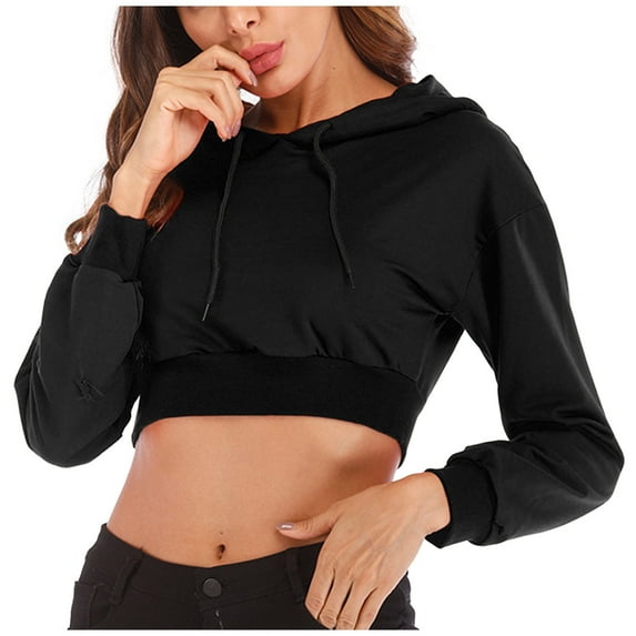 QUYUON Cropped Sweatshirts for Women Casual Long Sleeve Crop Top Hoodies Pullover Shirts Drawstring Elastic Waist Crop Hooded Sweatshirts Tops Athletic Hoodies Fashion Cute Sweatshirts Black M