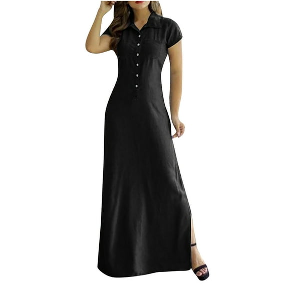 QUYUON Denim Maxi Shirt Dresses for Women Summer Short Sleeve Button Tab Collar Jean Shirts Long Dress with Pockets Side Split A-Line Loose Casual Blouse Denim Dress, Black XL