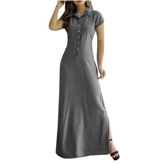 QUYUON Denim Maxi Shirt Dresses for Women Summer Short Sleeve Button Tab Collar Jean Shirts Long Dress with Pockets Side Split A-Line Loose Casual Blouse Denim Dress, Gray XL