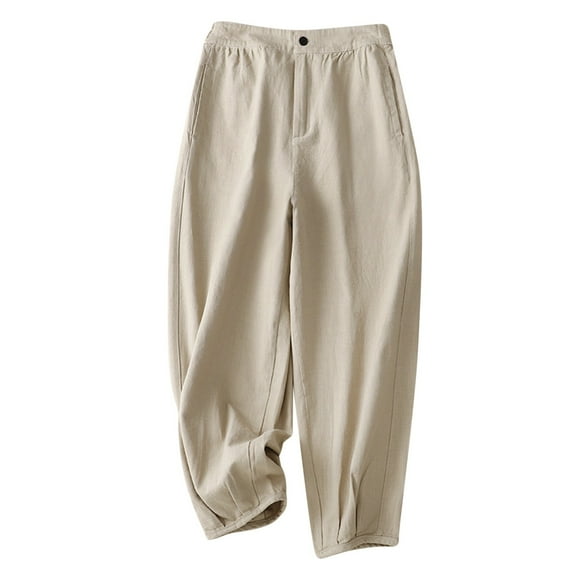 QUYUON Dress Pants Sale Solid Color Casual Loose Button Cotton Linen Crop Pants Pants Women Trendy Long Pant Leg Length Loungewear Style P3380 Beige XXL