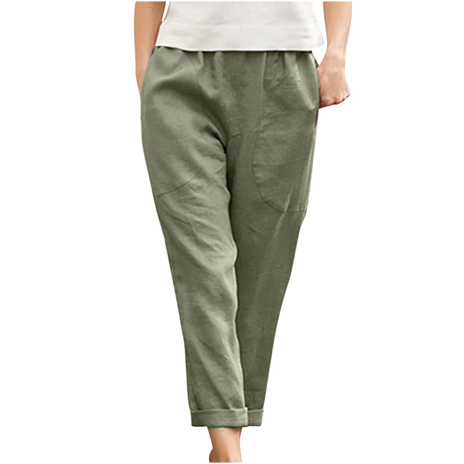 QUYUON Pants for Women Discount Casual Solid Color Pockets Buttons Elastic  Waist Comfortable Straight Pants Fishing Pants Long Pant Leg Length Dressy