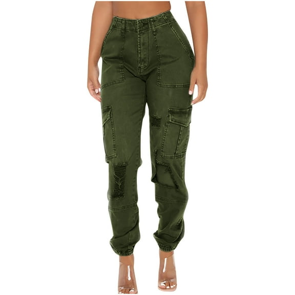 QUYUON Dress Pants for Women Sale Fashion Denim Button Zipper High Waist Pockets Jean Camouflage Long Pants Comfy Pants Women Long Pant Leg Length Loungewear Style P3180 Army Green L