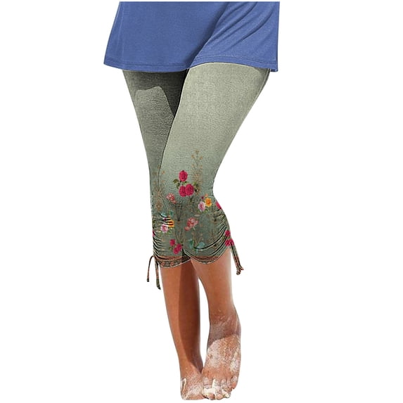 QUYUON Elastic Waist Capris for Women Casual Summer High Waisted Yoga Capris Workout Leggings Skinny Slim-Leg Cropped Pants Floral Print Beach Lounge Pants Trousers Army Green M