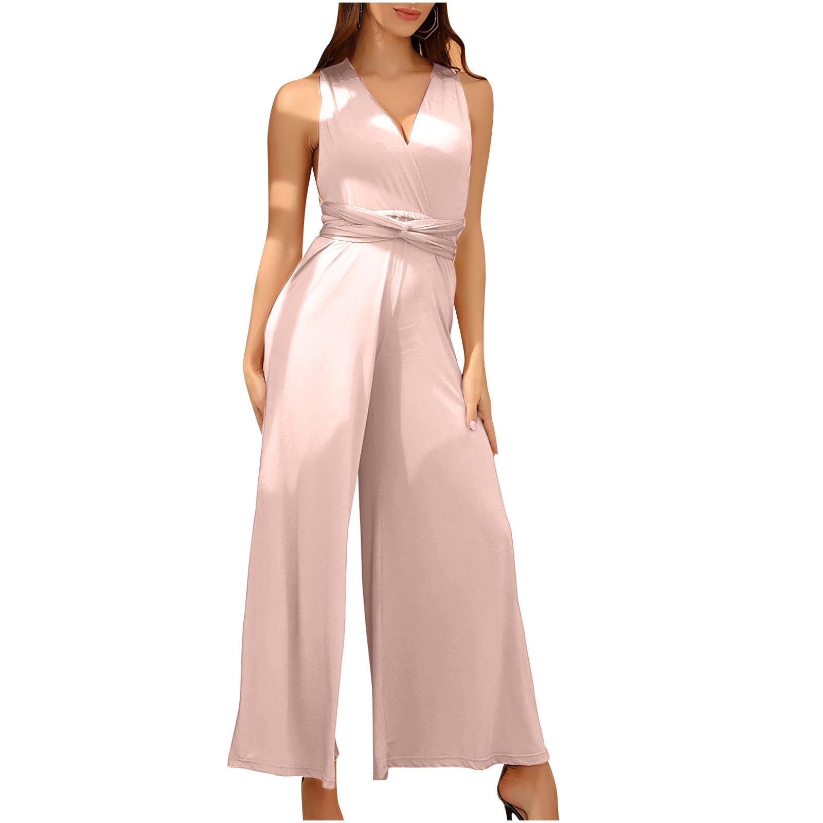 QUYUON Elegant Jumpsuits for Women Dressy Wedding Guest Ladies Rompers and  Jumpsuits Casual Loose Wide Leg Jumpsuits Sleeveless V Neck Evening Party