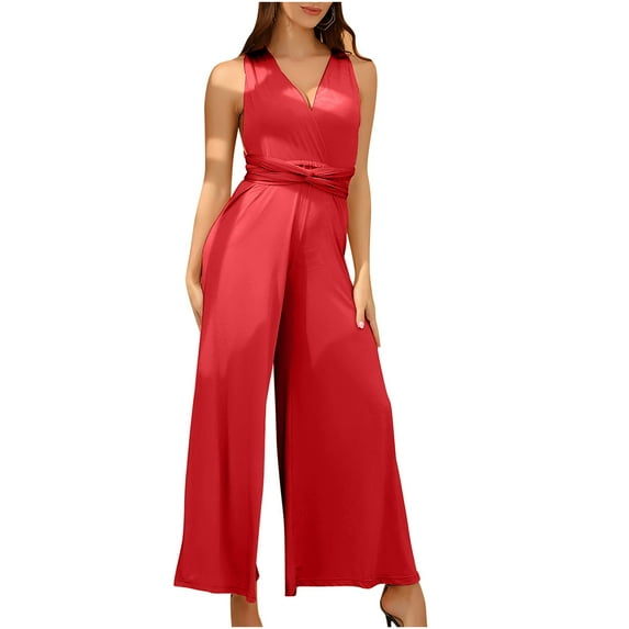 QUYUON Elegant Jumpsuits for Women Dressy Wedding Guest Ladies Rompers and Jumpsuits Casual Loose Wide Leg Jumpsuits Sleeveless V Neck Evening Party Formal Jumpsuits Back Lace up Style J-169, Red L