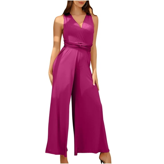 QUYUON Elegant Jumpsuits for Women Dressy Wedding Guest Ladies Rompers and Jumpsuits Casual Loose Wide Leg Jumpsuits Sleeveless V Neck Evening Party Formal Jumpsuits Back Lace up Style J9, Hot Pink S
