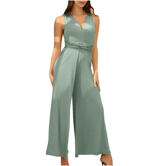 QUYUON Elegant Jumpsuits for Women Dressy Wedding Guest Ladies Rompers and Jumpsuits Casual Loose Wide Leg Jumpsuits Sleeveless V Neck Evening Party Formal Jumpsuits Back Lace up Style J-153, Green L