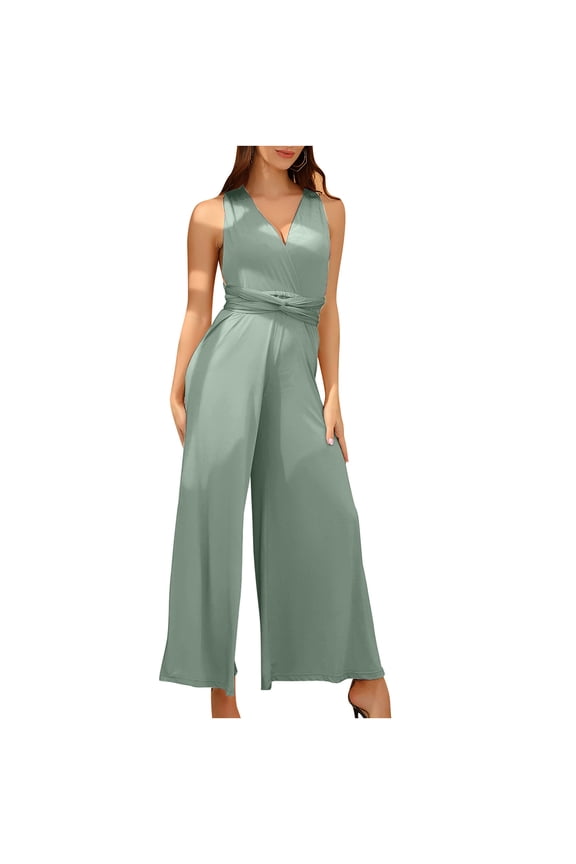 Elegant Jumpsuits for Women Dressy Wedding Guest Ladies Rompers and Jumpsuits Casual Loose Wide Leg Jumpsuits Sleeveless V Neck Evening Party Formal Jumpsuits Back Lace up Style J-153, Green L