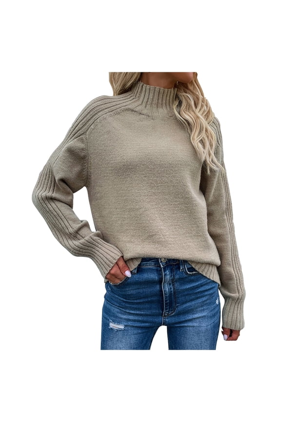 Fall Sweaters for Women 2023 Trendy Turtleneck Sweaters Womens Ribbed Knit Casual Long Sleeve Turtle Neck Sweater Pullover Knit Jumper Tops Soft Lightweight Warm Winter Shirts Khaki M