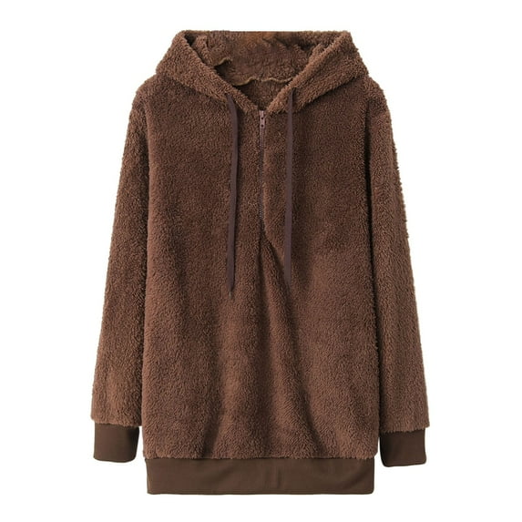 QUYUON Fleece Hoodies for Women 2023 Fashion Fuzzy Warm Casual Loose Hooded Sweatshirt Hoodies with Pockets Long Sleeve Sweatshirt Outerwear Drawstring Lightweight Sweater Coat Brown XXL