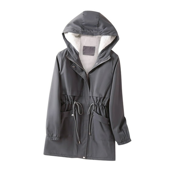QUYUON Fleece Lined Windbreaker Jacket Women Anoraks with Hood Trench Coat Casual Long Sleeve Hooded Sweatshirts Tie Waist Hoodies Jackets with Pockets Lightweight Jackets Gray L