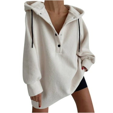 QUYUON Fleece Sweatshirts Women Casual Button V Neck Hoodies Pullover Sweater Winter Long Sleeve Shirts Tops Soft Lightweight Warm Button up Fall Hooded Sweatshirt White XL