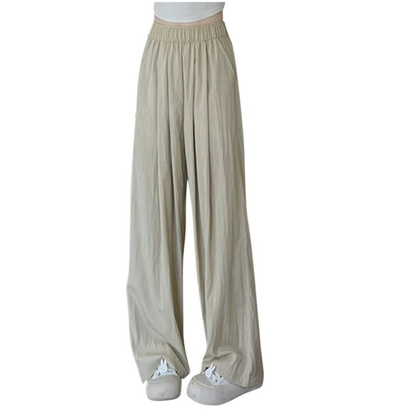 QUYUON Flowy Pants for Women Summer Clearance Ice Silk Wide Leg Pants High Waist Casual Lazy Straight Leg Pants Loose Yoga Pants Women Full Length Pant Leg Casual Style P5469 Khaki XXL
