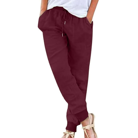 QUYUON Football Pants Womens Solid Color Tapered Pants Cotton Linen Drawstring Elastic Waist Pants Casual Trousers with Pocket Women Work Pants Track Pants Pant Style N-3353 Wine XXL