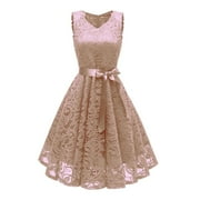 QUYUON Formal Dresses for Women Evening Party Cocktail Dresses Summer Sleeveless V-Neck Floral Lace Wedding Guest Knee Length Dress with Belt Pleated A-Line Prom Dresses