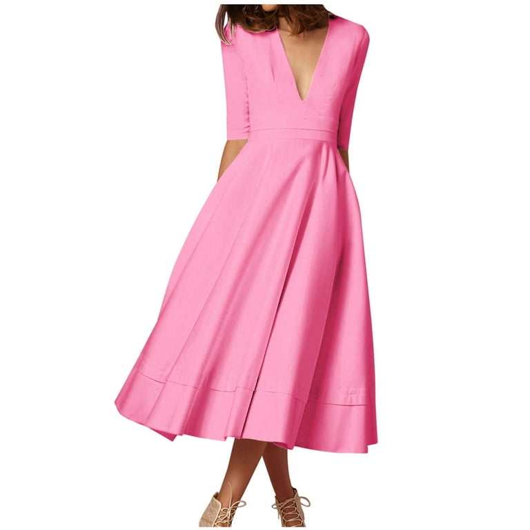 QUYUON Formal Dresses for Women Evening Party Deep V Neck Elbow Length Wedding Guest Dresses with Pockets Back Zipper Pleated A Line Vintage Cocktail