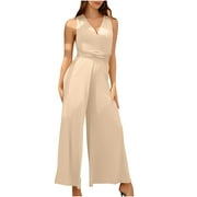 QUYUON Formal Jumpsuits for Women Dressy Casual Loose Wide Leg Jumpsuits Back Lace up V Neck Sleeveless Cocktail Jumpsuits for Evening Party Elegant Long Jumpsuits and Rompers Style J-128, Beige L