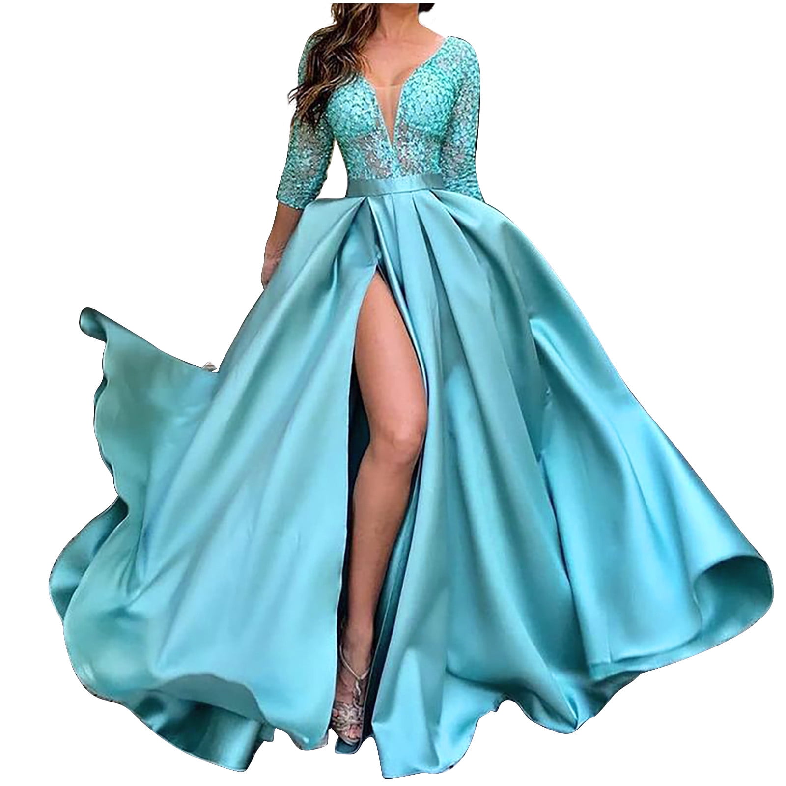 QUYUON Formal Midi Dresses for Women Clearance Winter V Neck Long Sleeve Sequin Dress Plus Size Bridesmaid Dresses Midi Sun Dress Style D 13784 Light Blue S Walmart