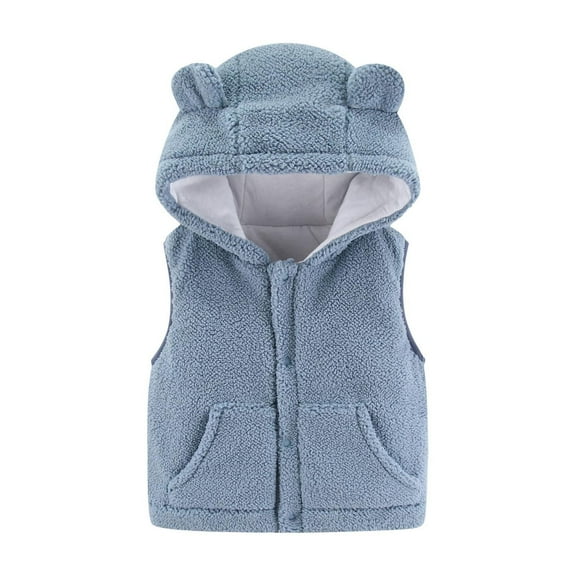 QUYUON Girls Winter Warm Coats Clearance Sleeveless Fleece Jacket Toddler Baby Boys Girls Fleece Vest Sleeveless Button Jacket Fall Hooded Outerwear with Pockets Blue 12-18 Months