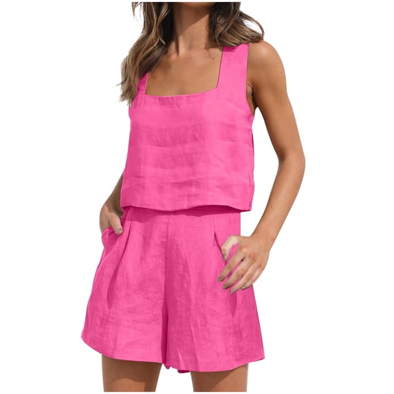 QUYUON Going out Outfits for Women Shorts Sets Two Piece Outfits Solid Color Sleeveless Square Neck Crop Tops Tank and High Waisted Shorts with Pockets Casual Linen Short Pants Sets