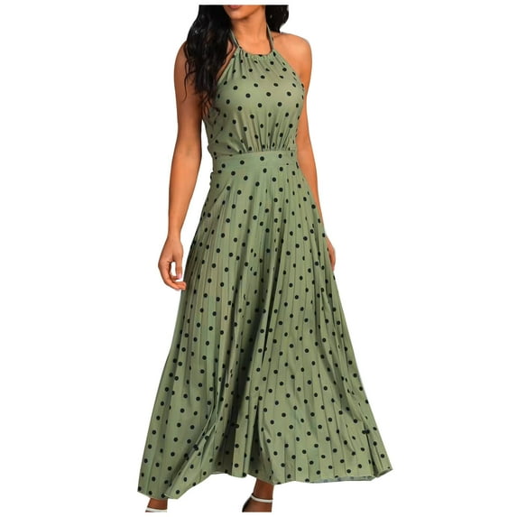 QUYUON Halter Dresses for Women Casual Backless Sleeveless Midi Dress Polka Dot Printed Back Zipper Summer Halter Neck Maxi Long Dresses Pleated A-Line Flowy Dress