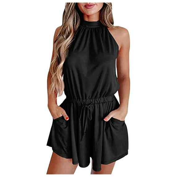 QUYUON Halter Rompers for Women Summer Dressy Sleeveless Elastic Waist Solid Color Shorts Jumpsuit Rompers with Pockets Ladies Rompers Casual Loose Shorts Outfits Style J-399, Black XL