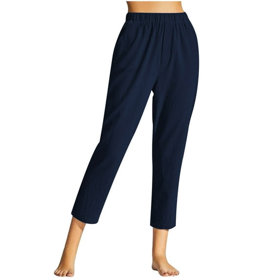 QUYUON High Waisted Capris Leggings for Women Elastic Waist Pull on Capris with Pockets Straight Leg Cropped Pants Casual Loose Linen Capris Comfy Lounge Wear Athletic Trousers