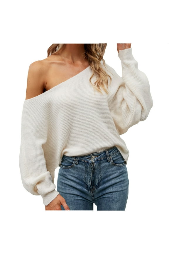 Holiday Sweaters for Women One Shoulder Sweaters Women's Off the Shoulder Tops Casual Long Sleeve Shirt Oversized Knit Pullover Sweater Loose Winter Warm Knit Jumper White S