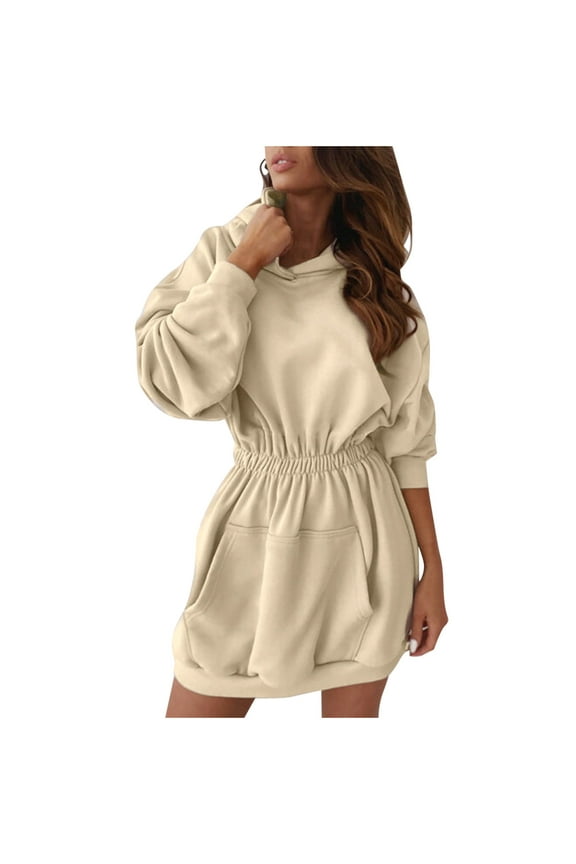 Hoodies Dress for Women Casual Hoodies Long Sleeve Drawstring Pullover Sweatshirt Tops Mini Dress Elastic Waist Hooded Sweatshirt with Pockets Winter Sweater Coat Beige L