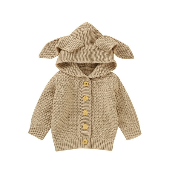 QUYUON Infant Baby Knit Hoodie Sweaters Toddler Girls Boys Long Sleeve Button Front Hooded Sweater Solid Color Cute Ears Knitted Cardigans Jacket with Hood Outerwear Coat Khaki 90