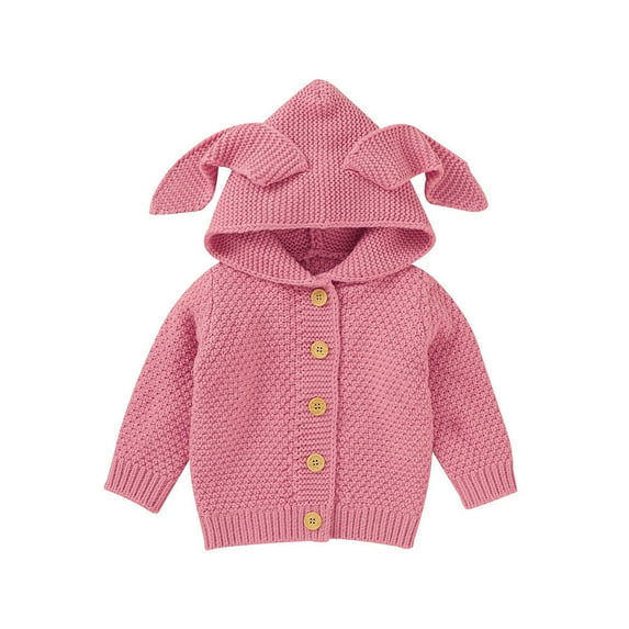 QUYUON Infant Baby Knit Hoodie Sweaters Toddler Girls Boys Long Sleeve Button Front Hooded Sweater Solid Color Cute Ears Knitted Cardigans Jacket with Hood Outerwear Coat 70