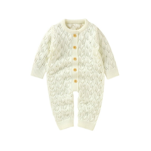 QUYUON Infant Baby Knit Jumpsuits Newborn Toddler Baby Girls Long Sleeve Button Front Rompers Kids Ribbed Knitted One-Piece Bodysuits Outerwear Sweaters Coat White 80