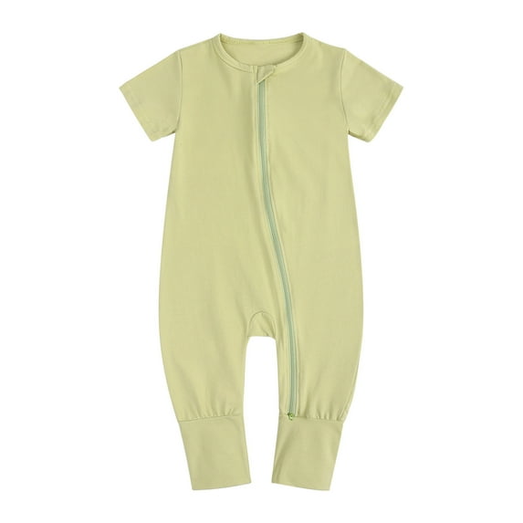 QUYUON Infant Newborn Rompers Toddler Baby Boys Girls Crew Neck Short Sleeve T-Shirts Jumpsuits Zipper Front One-Piece Bodysuits Pajamas Sleepwear Green 3-6 Months