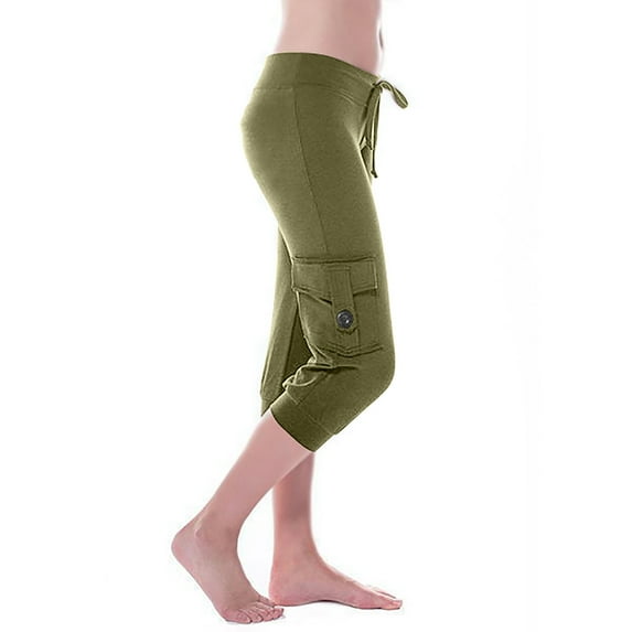 QUYUON Jogger Capris for Women Workout Leggings Capris Ladies Stretch Capris Elastic Waist Buttons Yoga Cropped Trousers Female Plus Size Capris with Pockets Trendy Capris, Style P52 Army Green A XL