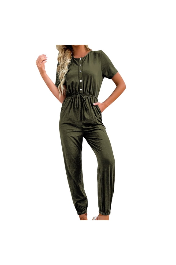 Jogger Jumpsuits for Women Summer Button up Short Sleeve Crew Neck Jumpsuits Rompers with Pockets Tie Elastic Waist Solid Color Casual Loose Long Jumpsuits Playsuit Style J-414, Army Green M
